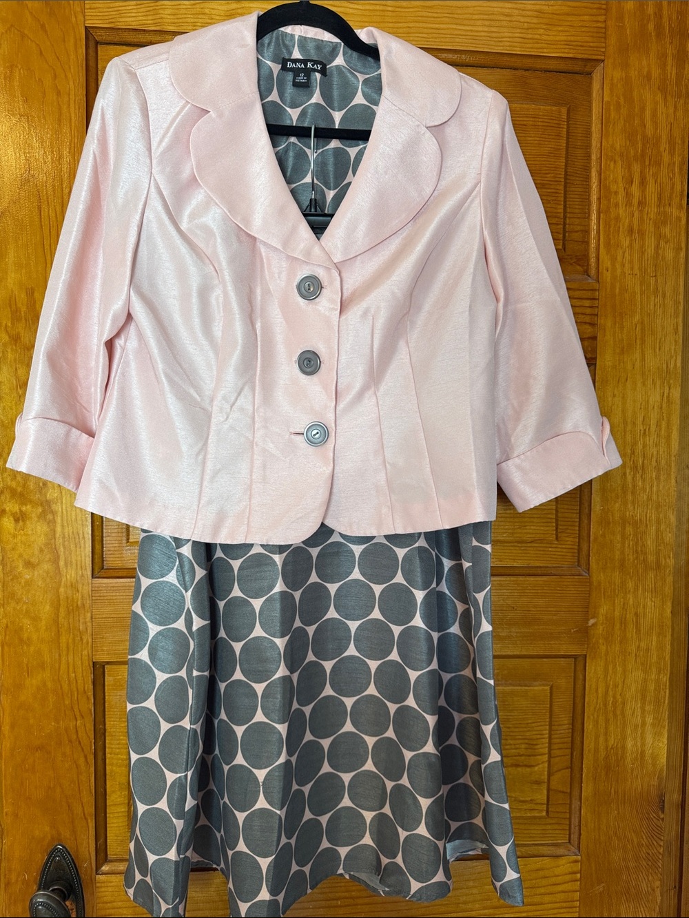 Dana Kay Light Pink Jacket with Gray Polka Dot Skirt